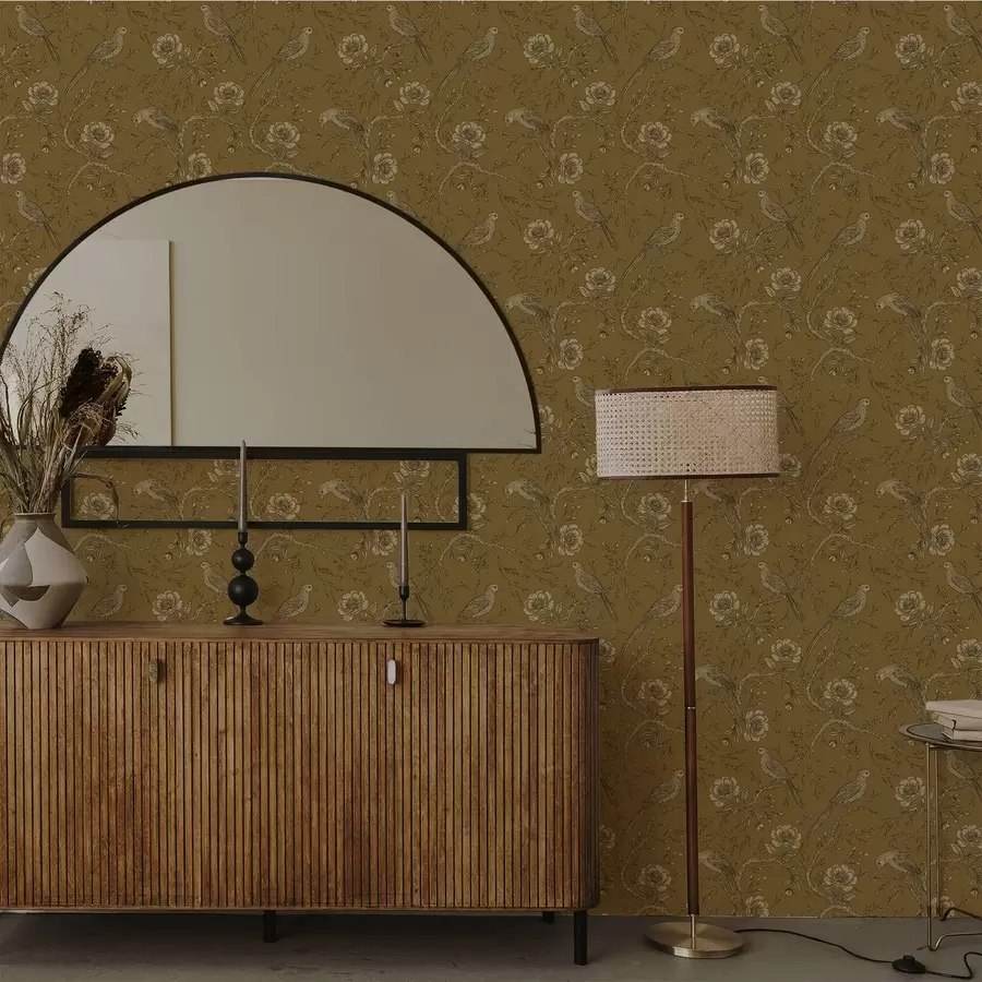 Fototapeedid Vintage linnud ja lilled soojal oliivirohelisel taustal a01022v1