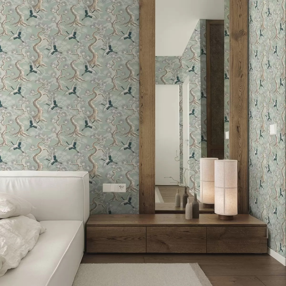 Tapeet Kraanad kõverate okste vahel pehme salvei värvi taustal a01023