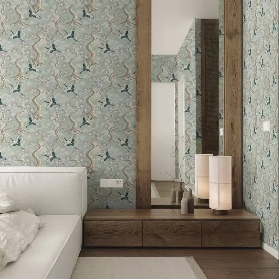 Fototapeedid Kraanad kõverate okste vahel pehme salvei värvi taustal a01023