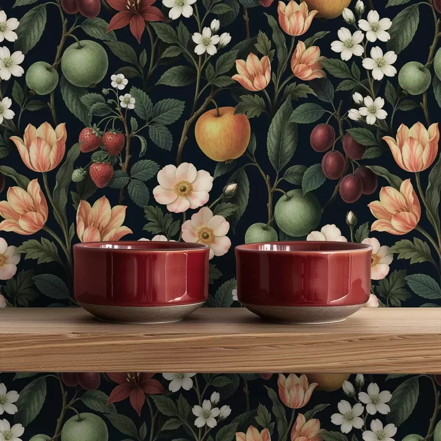 Fototapeedid Tume aed lilledega, küpsete õunte ja marjadega a01034