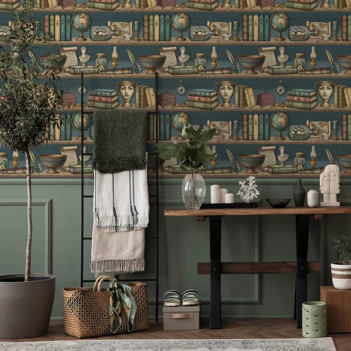 Tapeet Vintage riiulid raamatute, gloobuse ja mere haruldustega a01036