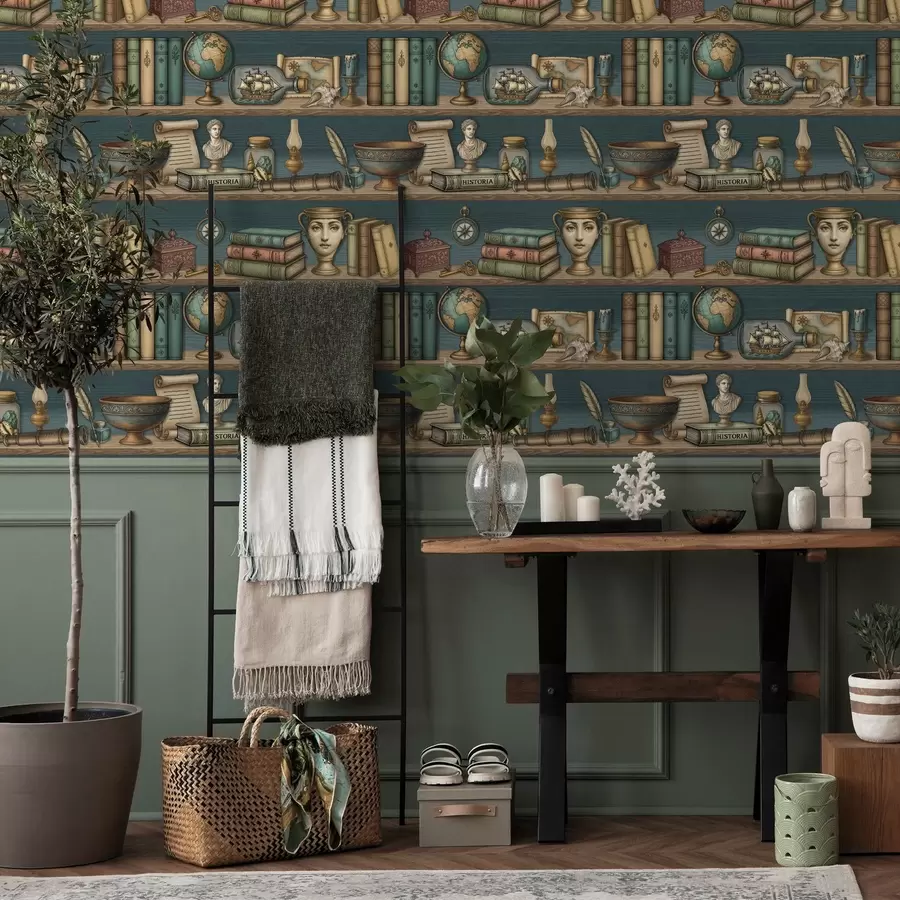Fototapeedid Vintage riiulid raamatute, gloobuse ja mere haruldustega a01036