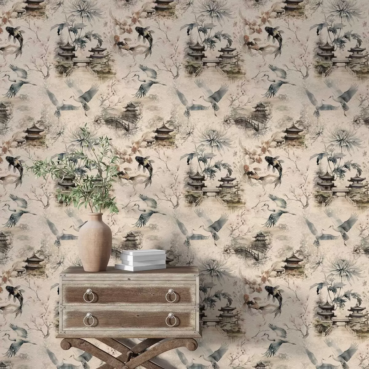 Tapeet Jaapani templid, koi-kalad ja kraanid pehme taustaga a01040