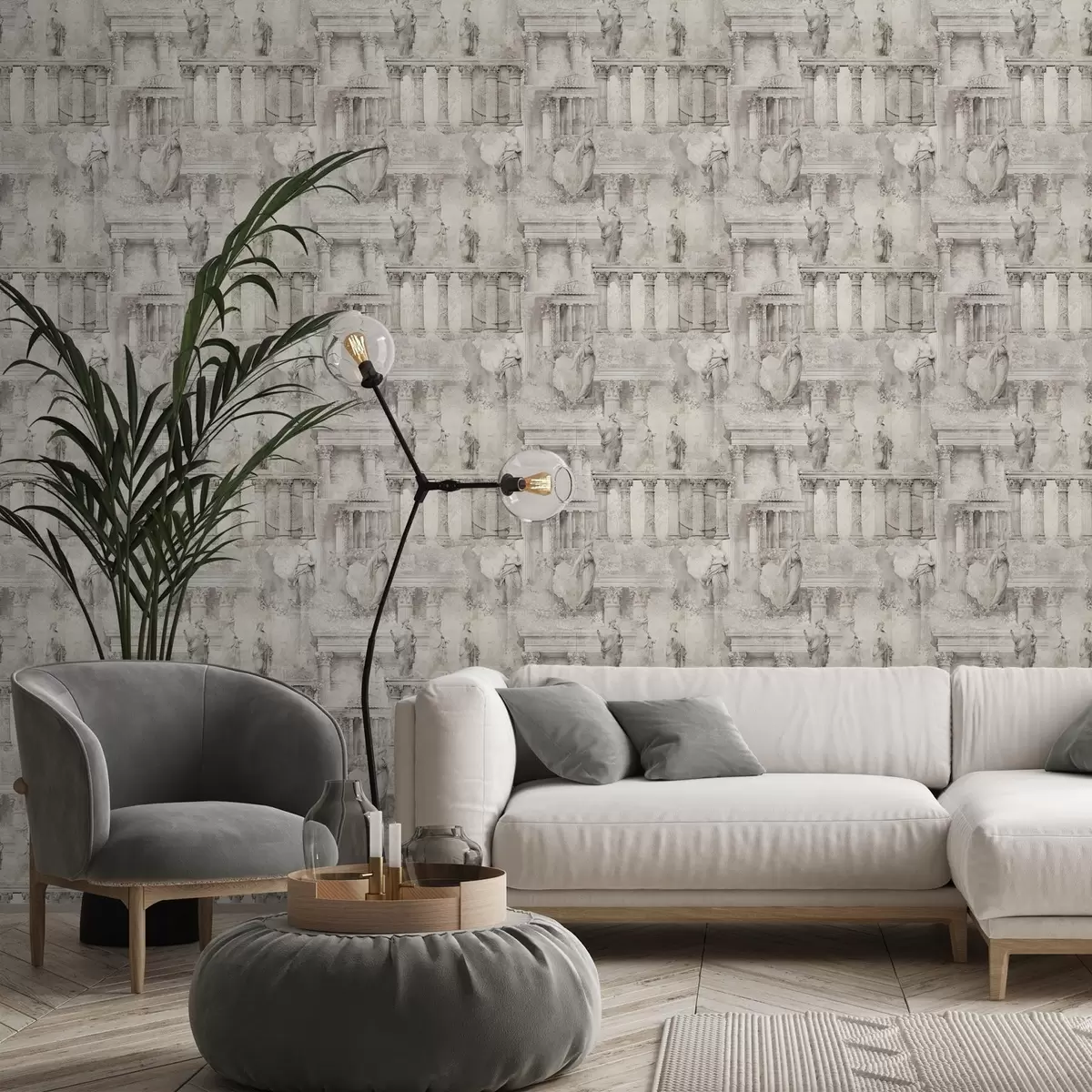 Tapeet Antiiksed kujud ja sambad pehmetes beež-hallides toonides a01041