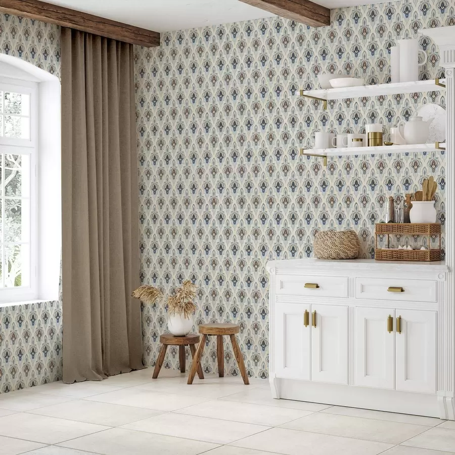 Fototapeedid Sinise ja liivakarva toonides väikeste plaatide idamaiste mustritega a01044