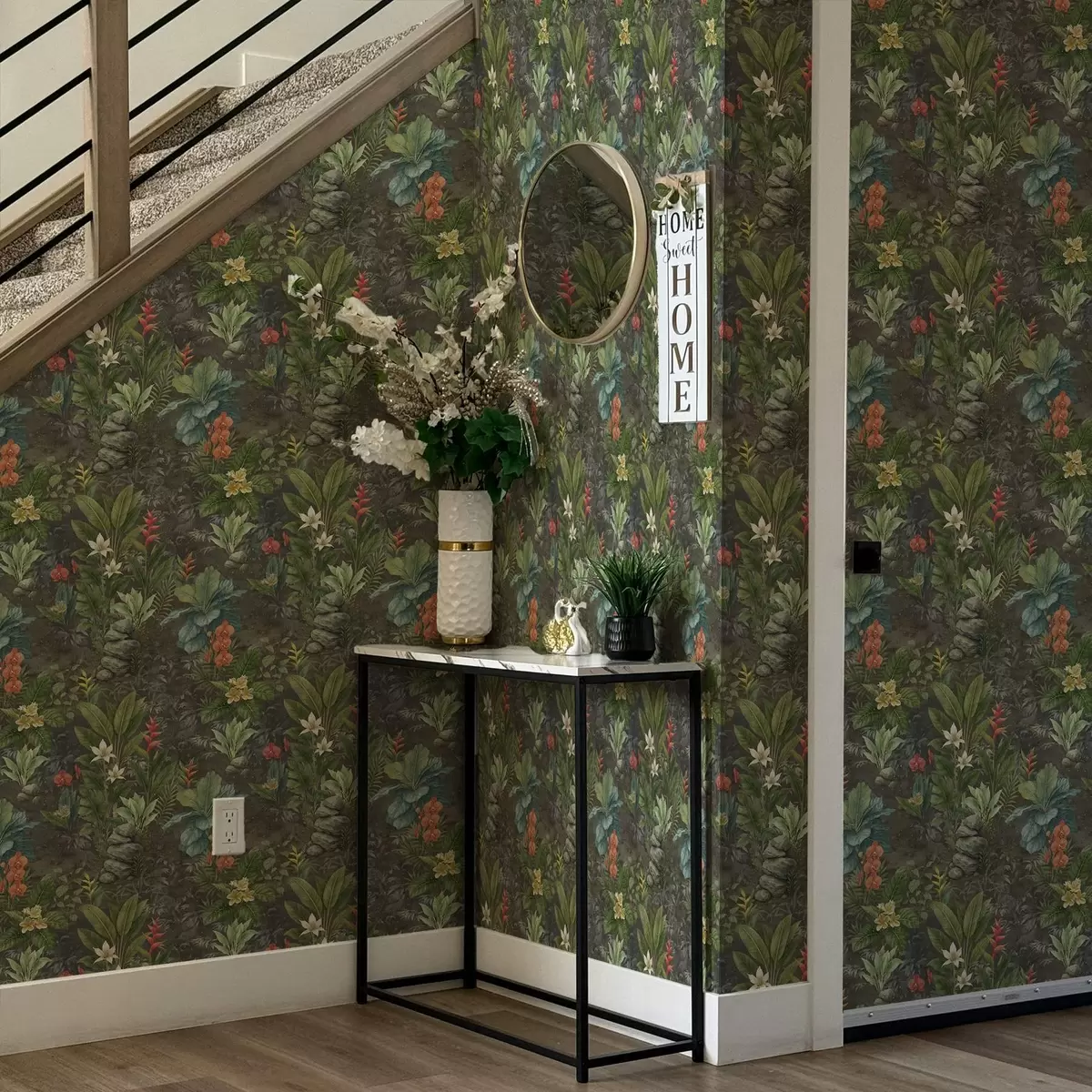 Tapeet Tume troopiline aed erevate lillede ja lehtedega a01079