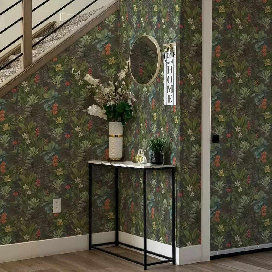 Fototapeedid Tume troopiline aed erevate lillede ja lehtedega a01079