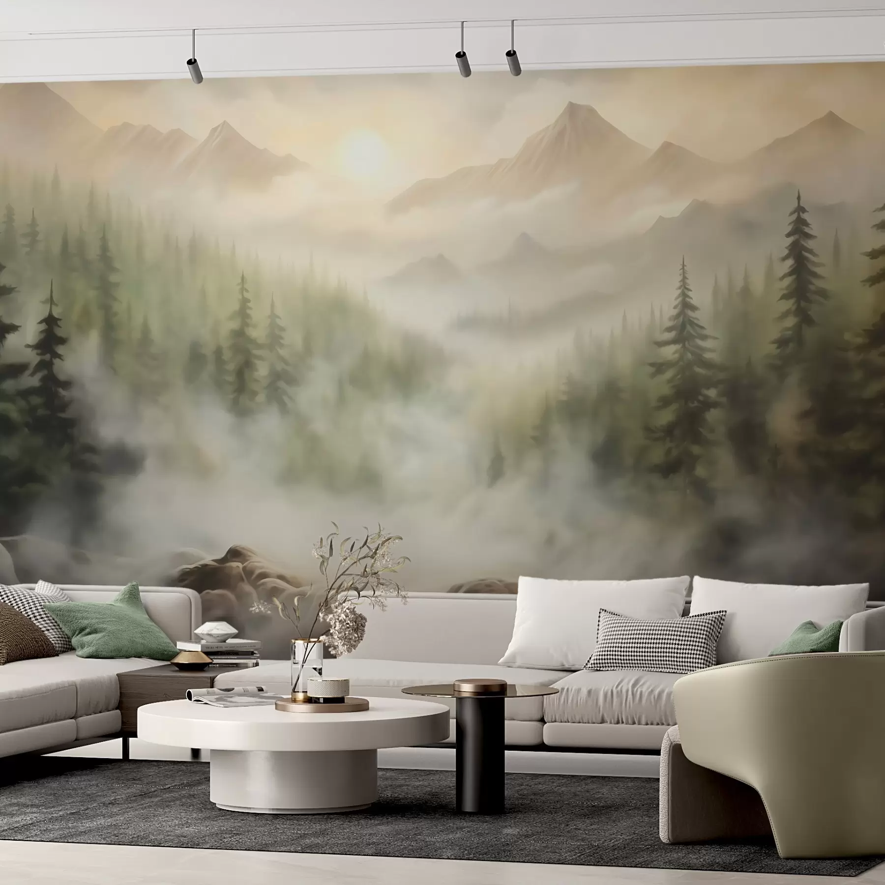 Fototapeedid Mägedega taustal udus olev mets w04730