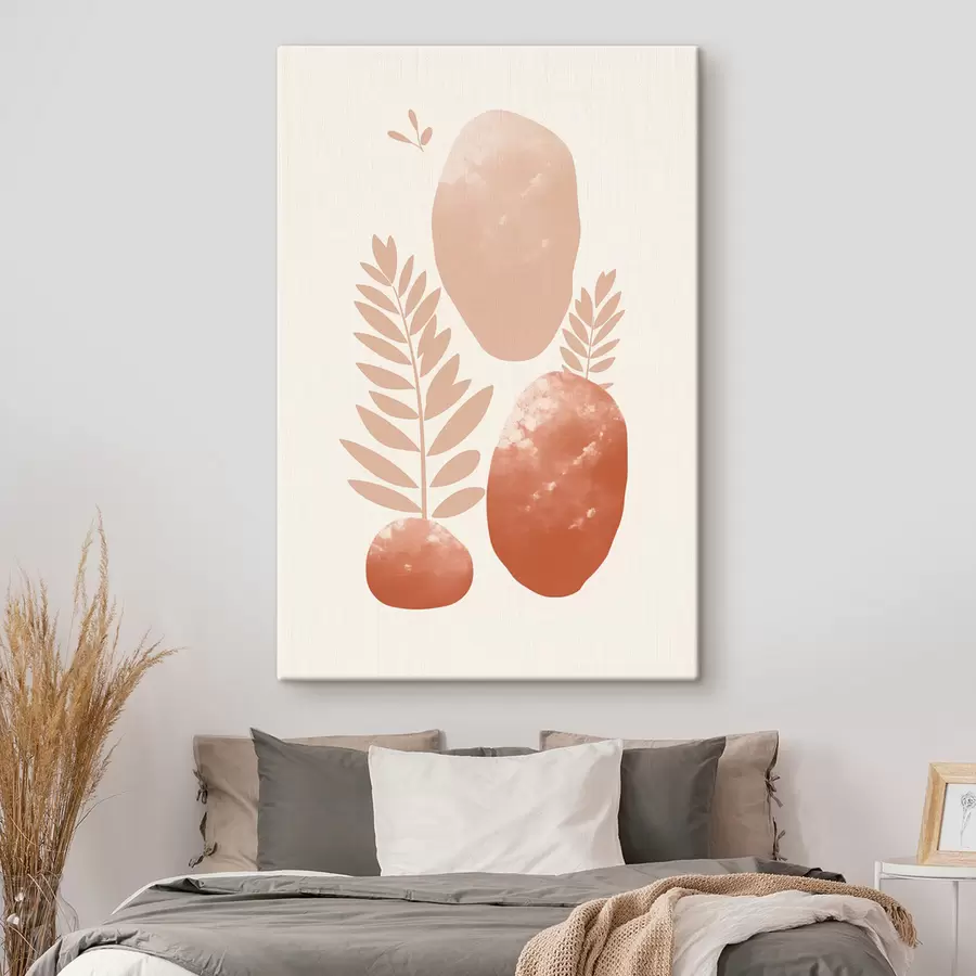 Pilt Abstraktsed kujundid tekstuuriga kivid ja lehed vaoshoitud virsiku- ja terrakotta toonides, minimalistlik, kreemikas taust s47012