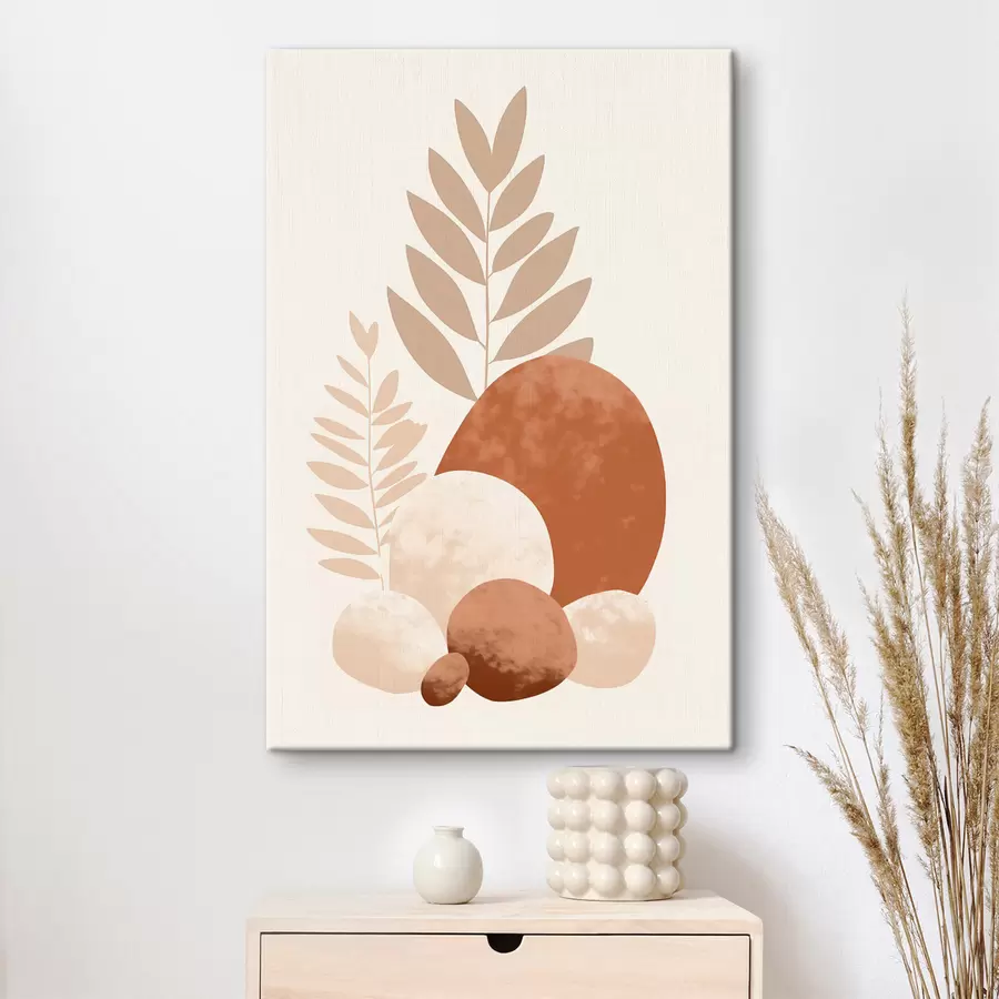 Pilt Abstraktsed kujundid tekstuuriga kivid ja lehed vaoshoitud virsiku- ja terrakotta toonides, minimalistlik, kreemikas taust s47013