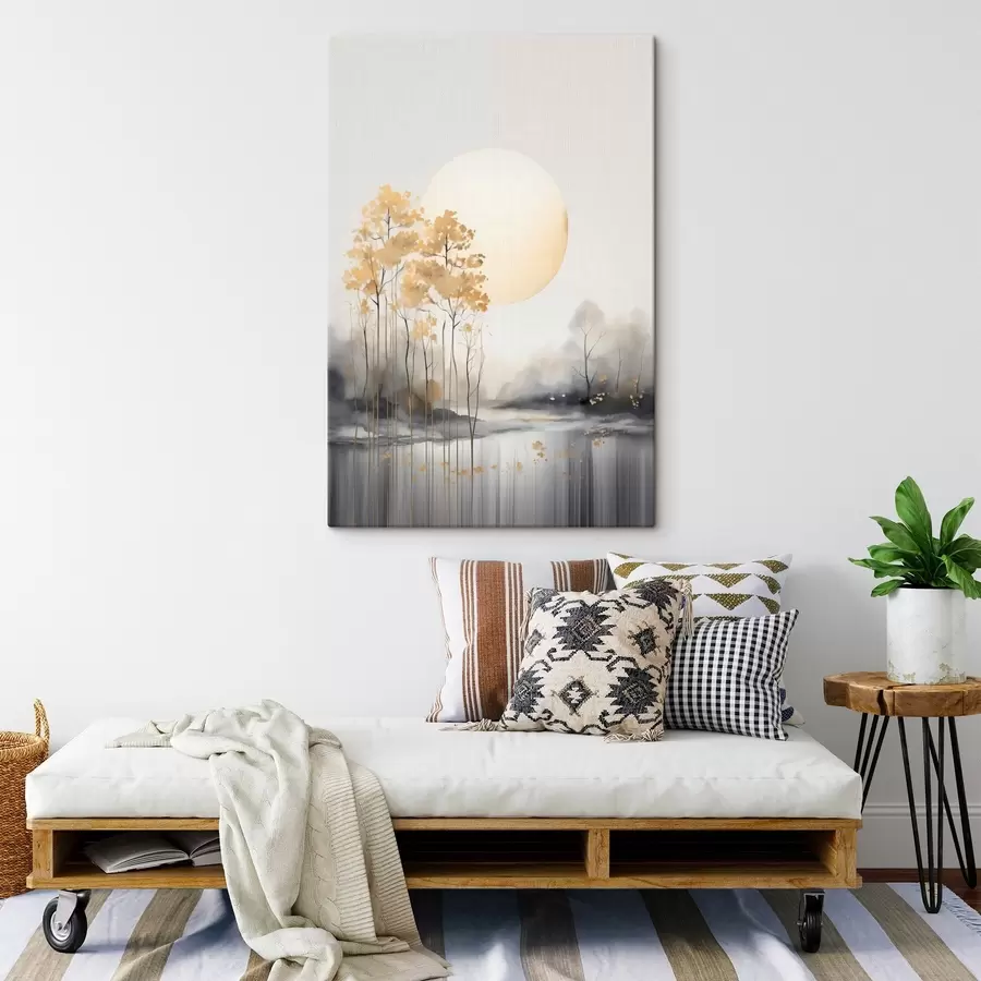 Pilt Dekoratiivne abstraktne maastik, kõrged puud kollaste lehtedega, jõgi ja udu taustal s47014