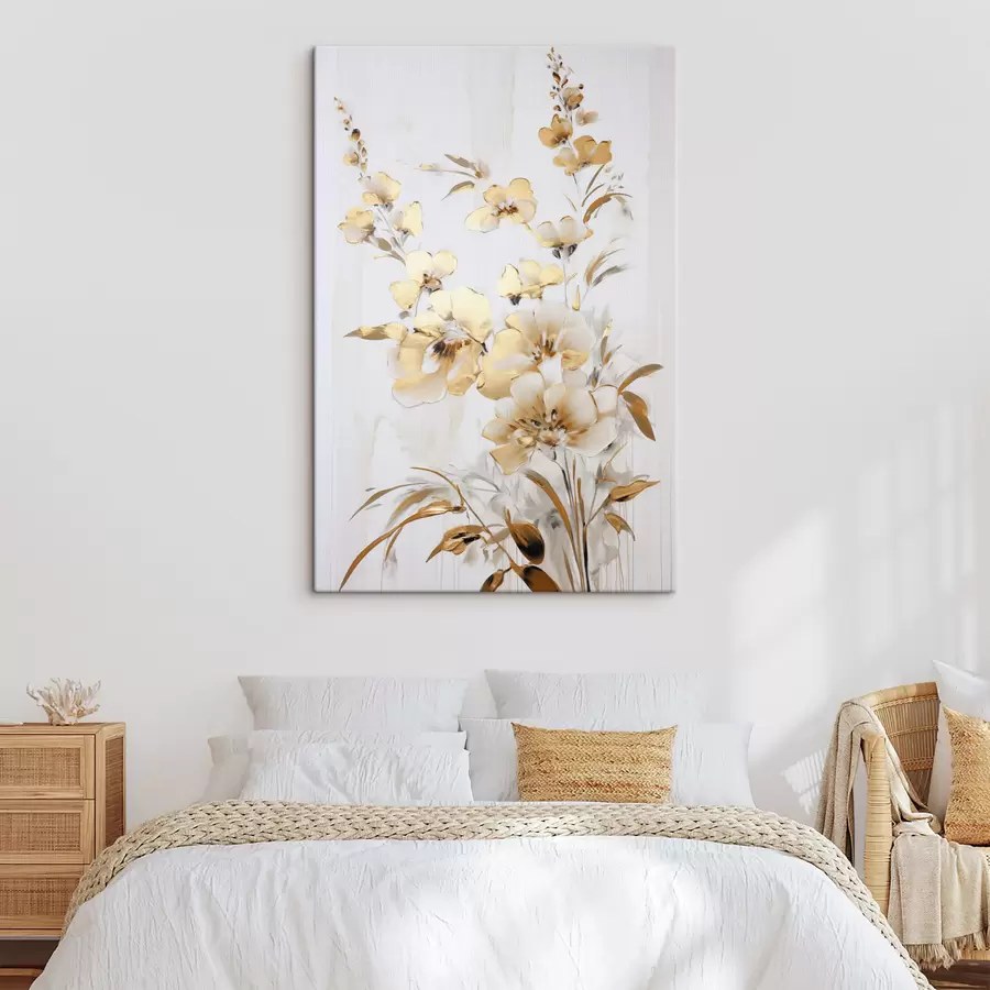 Pilt Tekstuuriga kollased õied ja lehed valgel taustal, delikaatsete pintslitõmmetega s47016