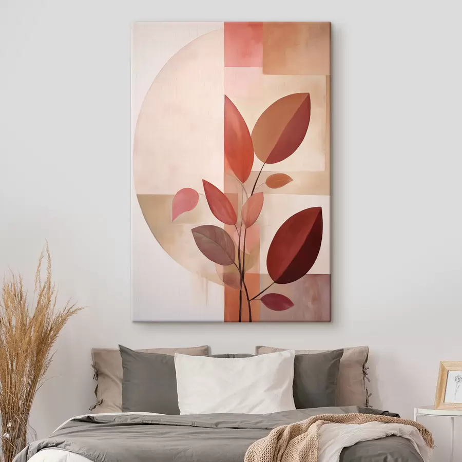 Pilt Abstraktne taim punaste lehtedega geomeetriliste kujundite ja pehmete, summutatud värvide taustal s47041