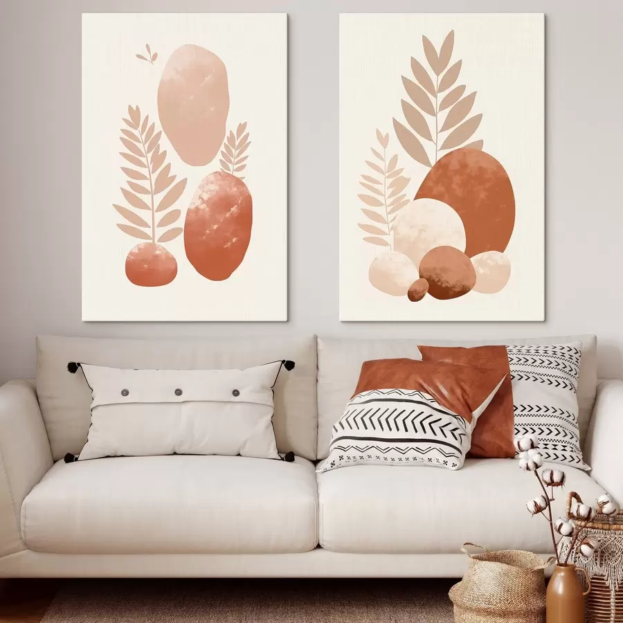 Pilt Abstraktsed kujundid tekstuuriga kivid ja lehed vaoshoitud virsiku- ja terrakotta toonides, minimalistlik, kreemikas taust m01114