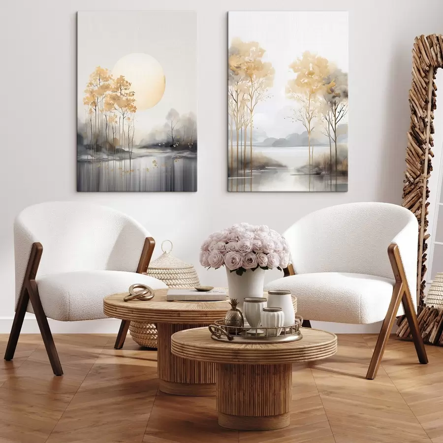 Pilt Dekoratiivne abstraktne maastik, kõrged puud kollaste lehtedega, jõgi ja udu taustal m01115