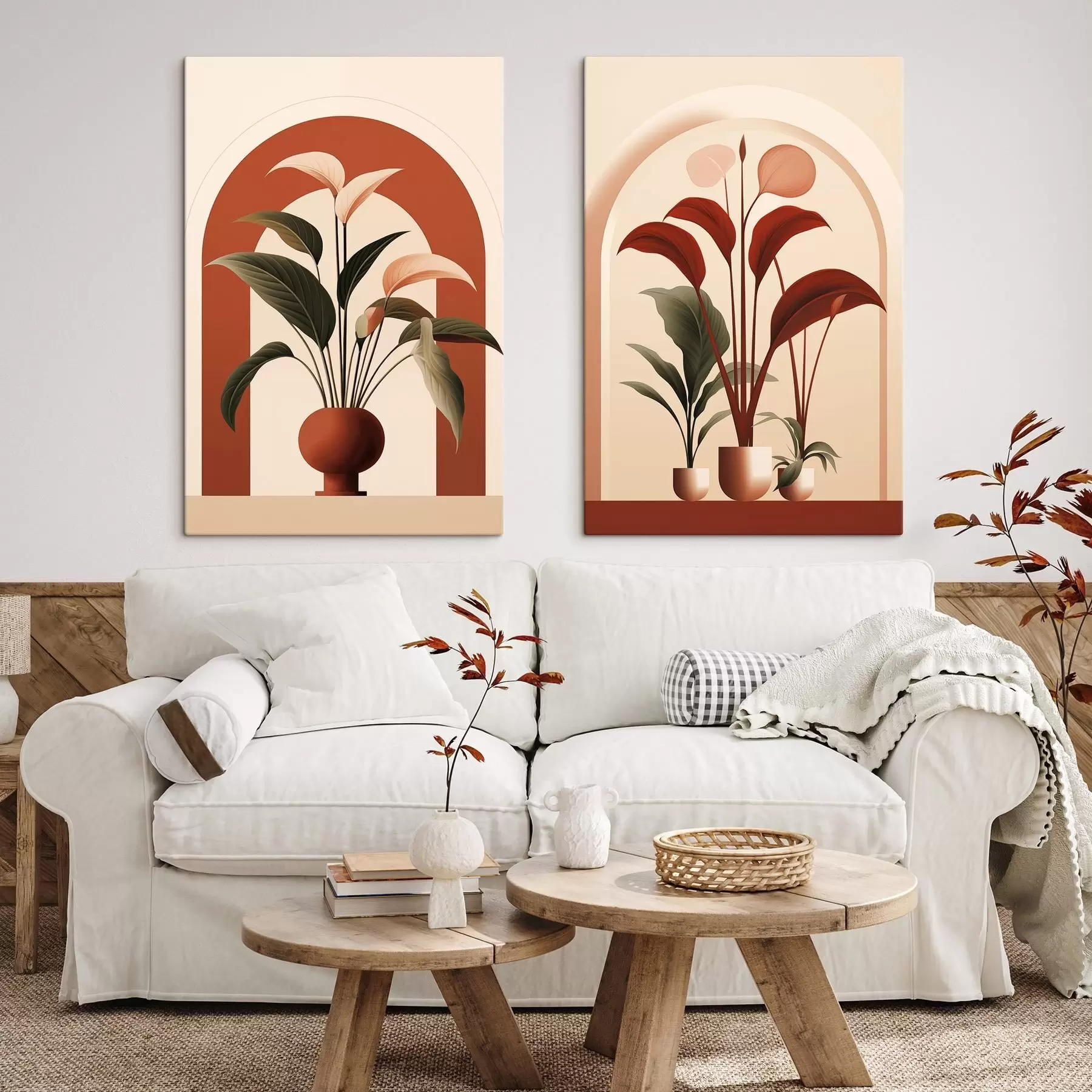 Pilt Abstraktsed potitaimed suurte roheliste ja punaste lehtedega kreemika värvi kaariku ees m01124