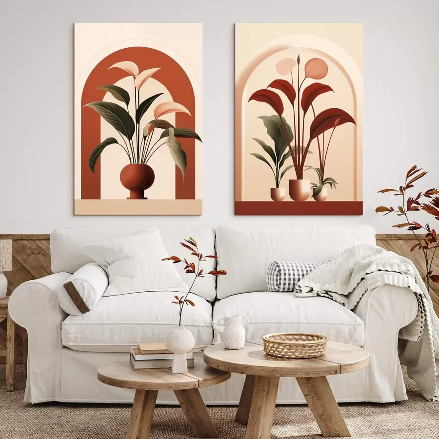 Pilt Abstraktsed potitaimed suurte roheliste ja punaste lehtedega kreemika värvi kaariku ees m01124