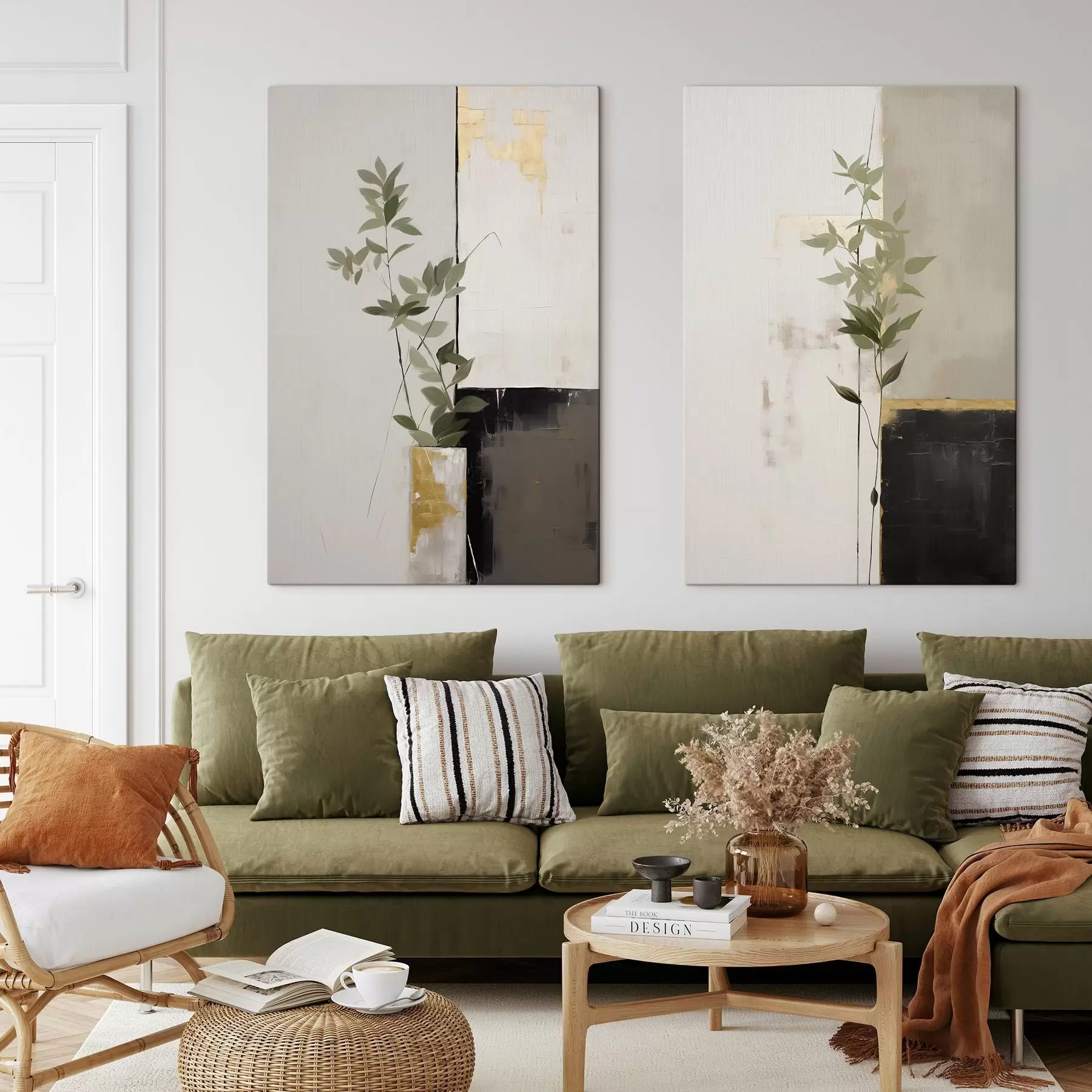 Pilt Minimalistlik tekstuuriga maal, millel on kujutatud vaas roheliste lehtedega abstraktsete geomeetriliste kujundite taustal m01126