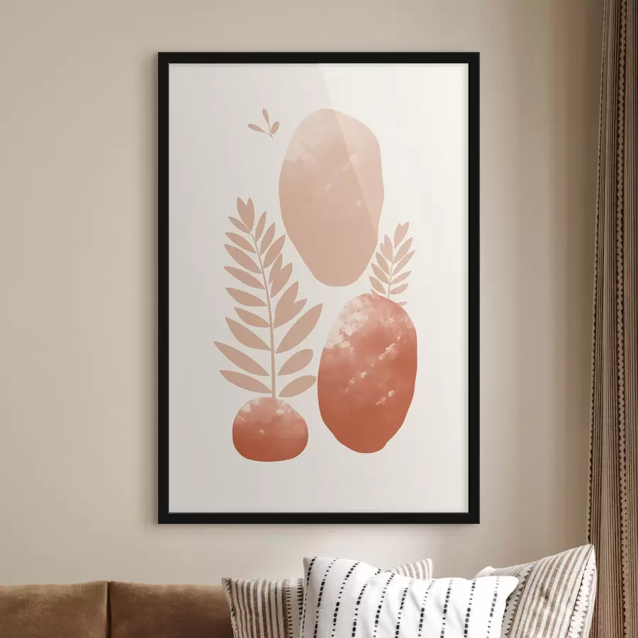 Fototapeedid Abstraktsed kujundid tekstuuriga kivid ja lehed vaoshoitud virsiku- ja terrakotta toonides, minimalistlik, kreemikas taust f47012