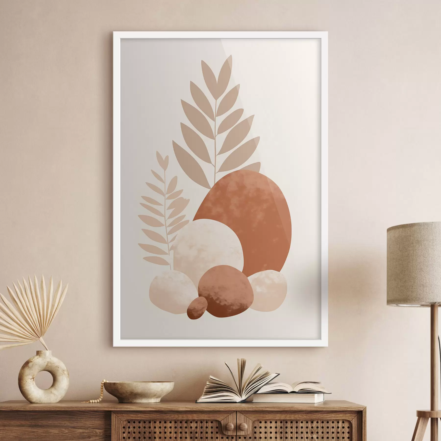 Fototapeedid Abstraktsed kujundid tekstuuriga kivid ja lehed vaoshoitud virsiku- ja terrakotta toonides, minimalistlik, kreemikas taust f47013