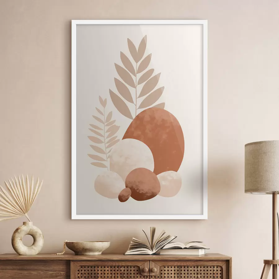 Fototapeedid Abstraktsed kujundid tekstuuriga kivid ja lehed vaoshoitud virsiku- ja terrakotta toonides, minimalistlik, kreemikas taust f47013