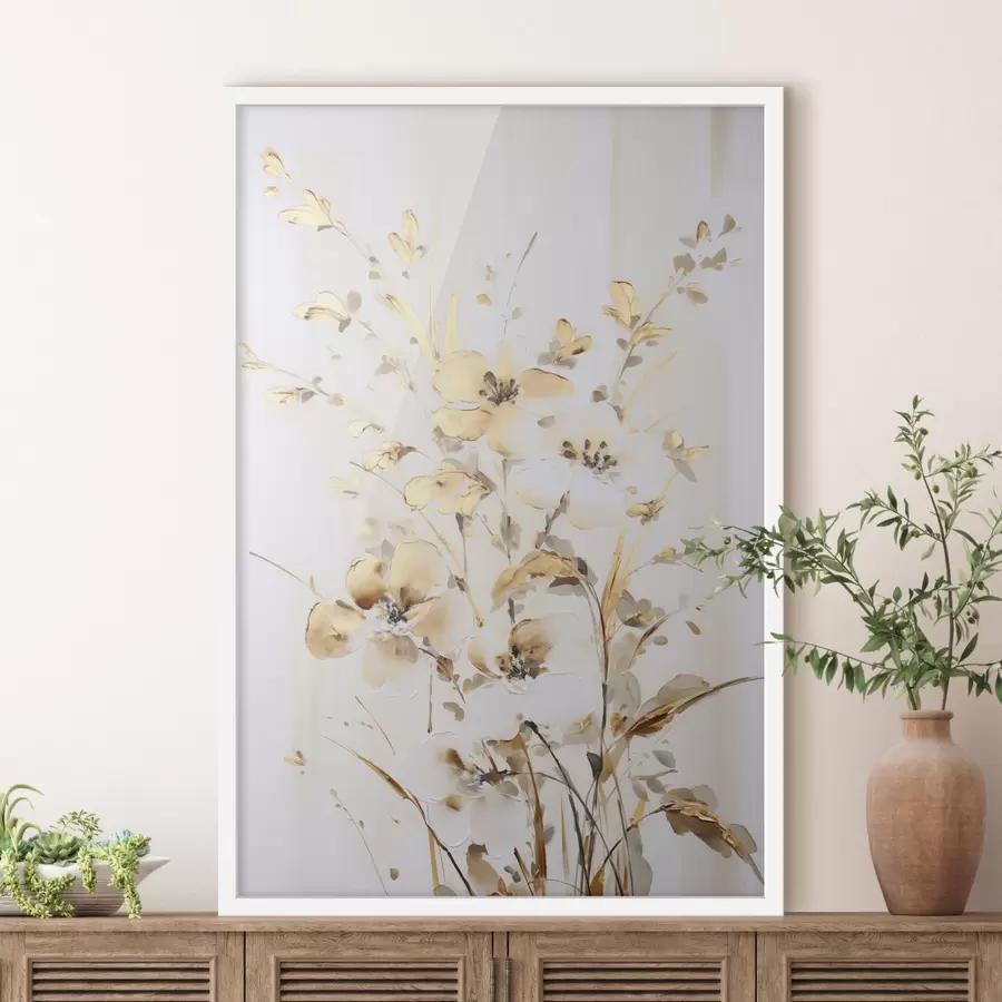 Fototapeedid Tekstuuriga kollased õied ja lehed valgel taustal, delikaatsete pintslitõmmetega f47017