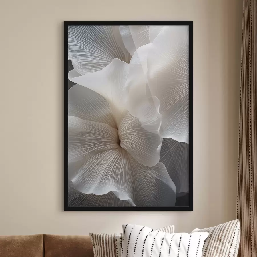 Fototapeedid Lähedalt võetud foto õrnade abstraktsete valgetest õielehtedest, millel on keerulised jooned ja ähmane tume taust. f47019