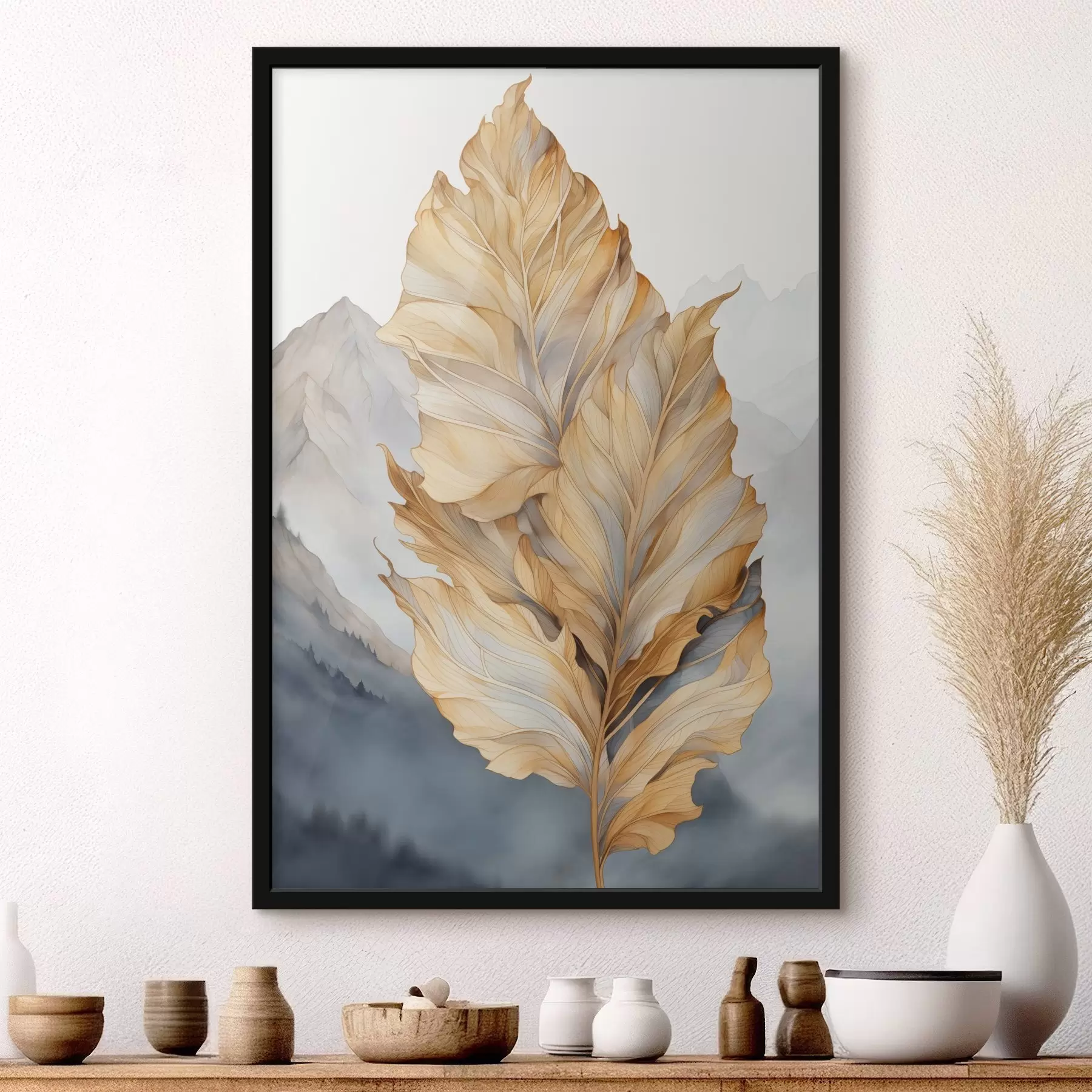 Fototapeedid Abstraktsed suured, kollased ja pruunid lehed keeruliste detailidega, mäestiku taustal f47022