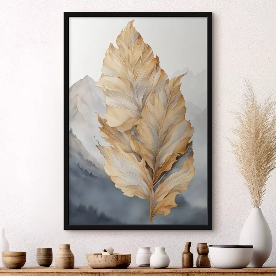 Fototapeedid Abstraktsed suured, kollased ja pruunid lehed keeruliste detailidega, mäestiku taustal f47022