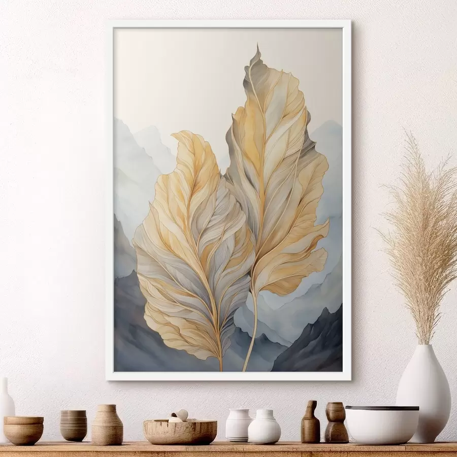 Fototapeedid Abstraktsed suured, kollased ja pruunid lehed keeruliste detailidega, mäestiku taustal f47023