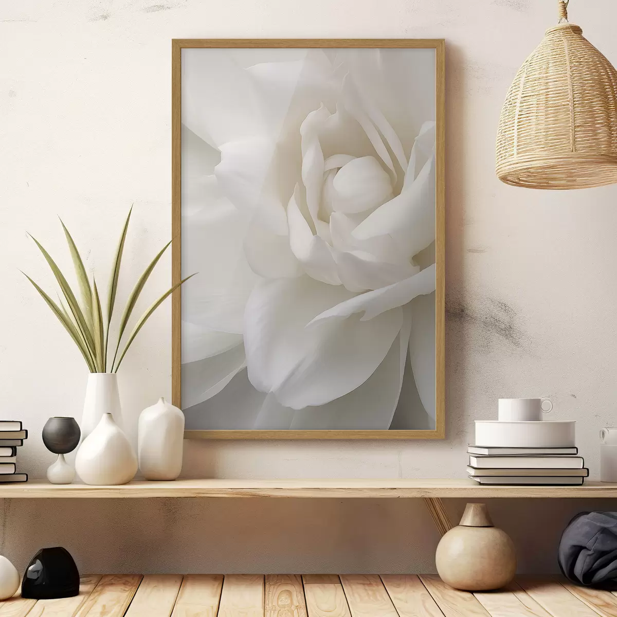 Plakat Abstraktne valge õis õrnad, kihilised kroonlehed, minimalistlik kunst f47025