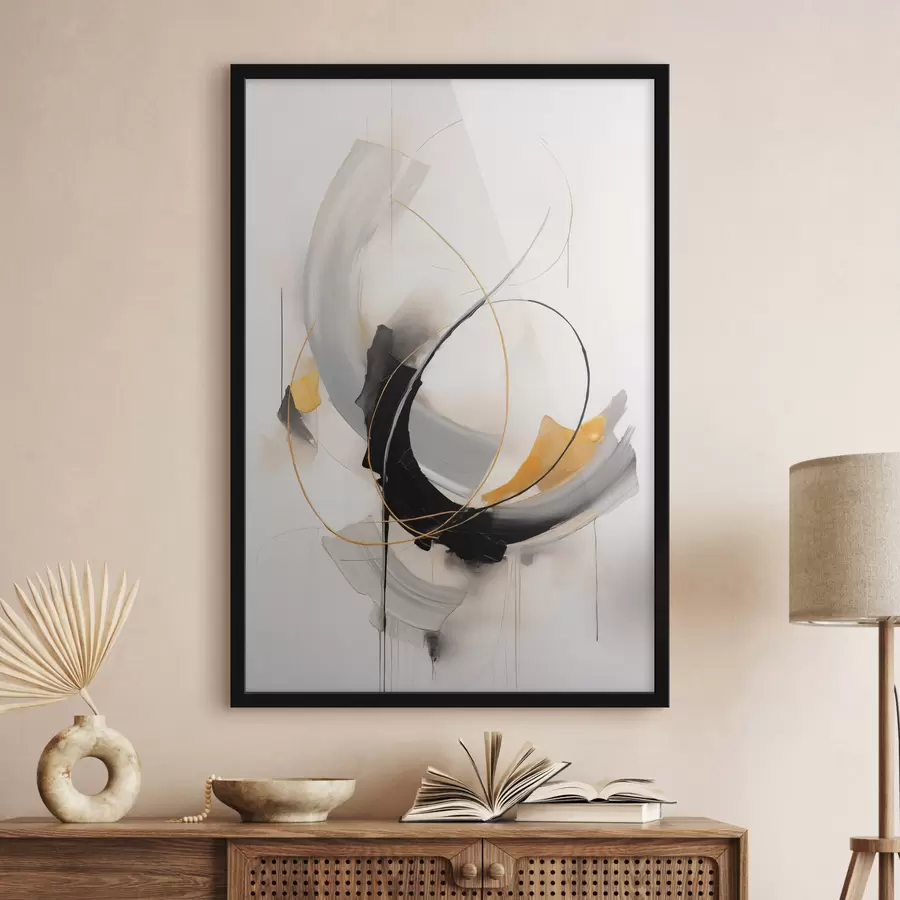 Fototapeedid Abstraktne maal kollaste, mustade ja valgetega pintslitõmmetega, dünaamilised jooned f47035