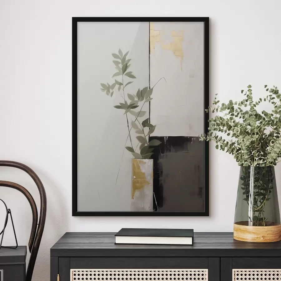 Fototapeedid Minimalistlik tekstuuriga maal, millel on kujutatud vaas roheliste lehtedega abstraktsete geomeetriliste kujundite taustal. f47036