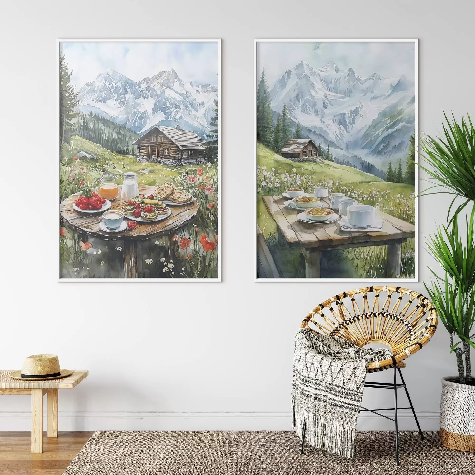 Fototapeedid Alpid, ilusad mäed maastik, esteetiline hommikusöök, puitmajad d00403