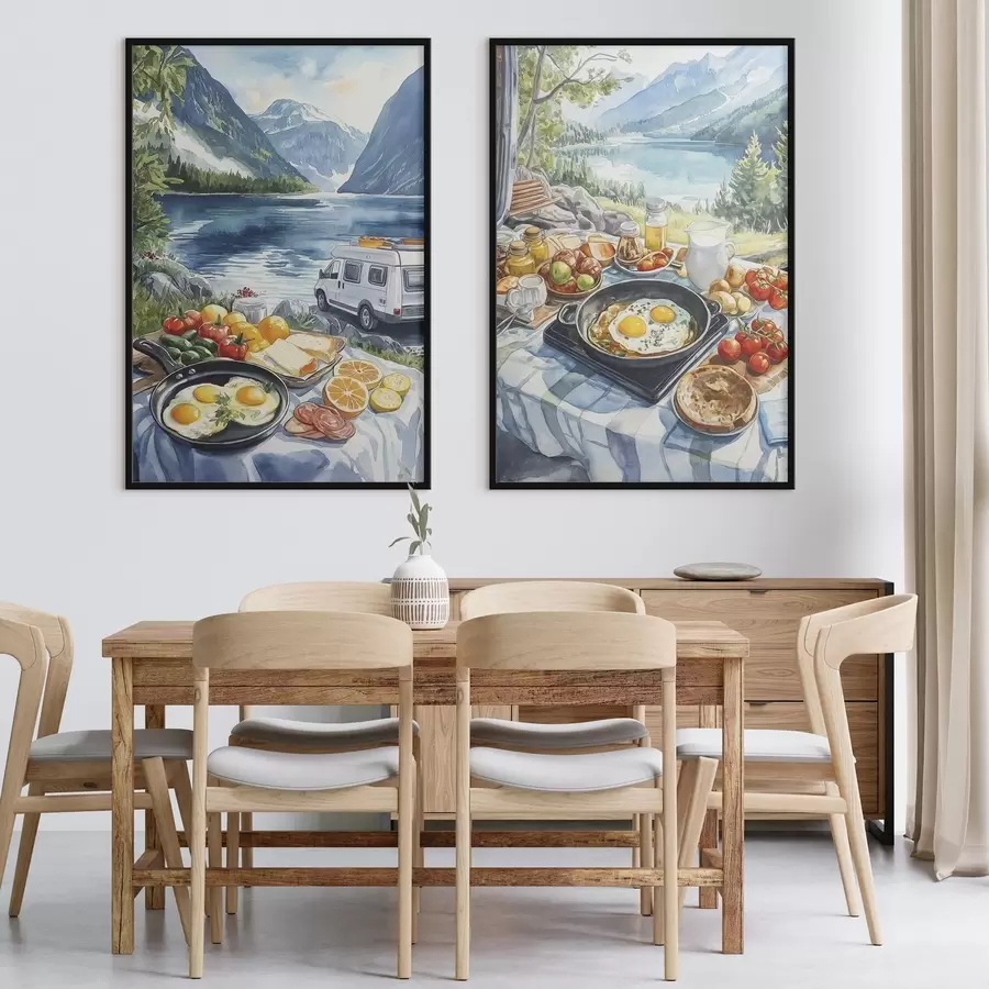 Fototapeedid Hommikusöök looduses, reisimine, õues elamine, akvarellistiil, Norra d00404