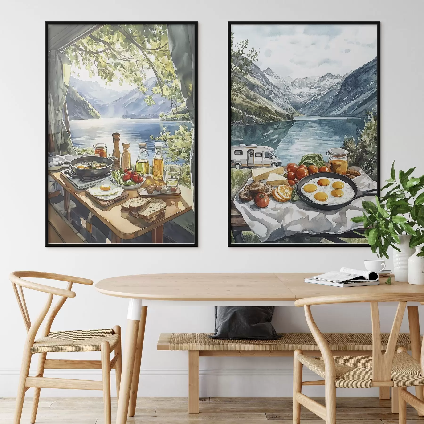 Fototapeedid Telkimine, esteetiline hommikusöök järve ääres, akvarellistiilis d00405