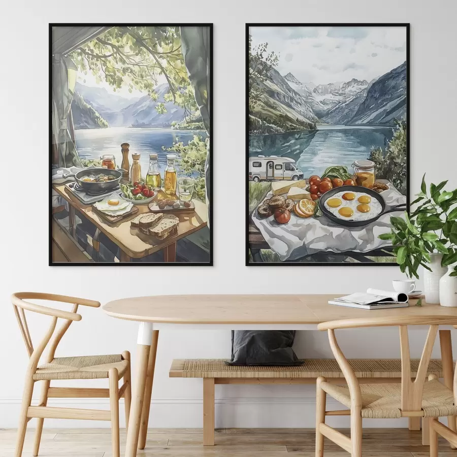 Fototapeedid Telkimine, esteetiline hommikusöök järve ääres, akvarellistiilis d00405