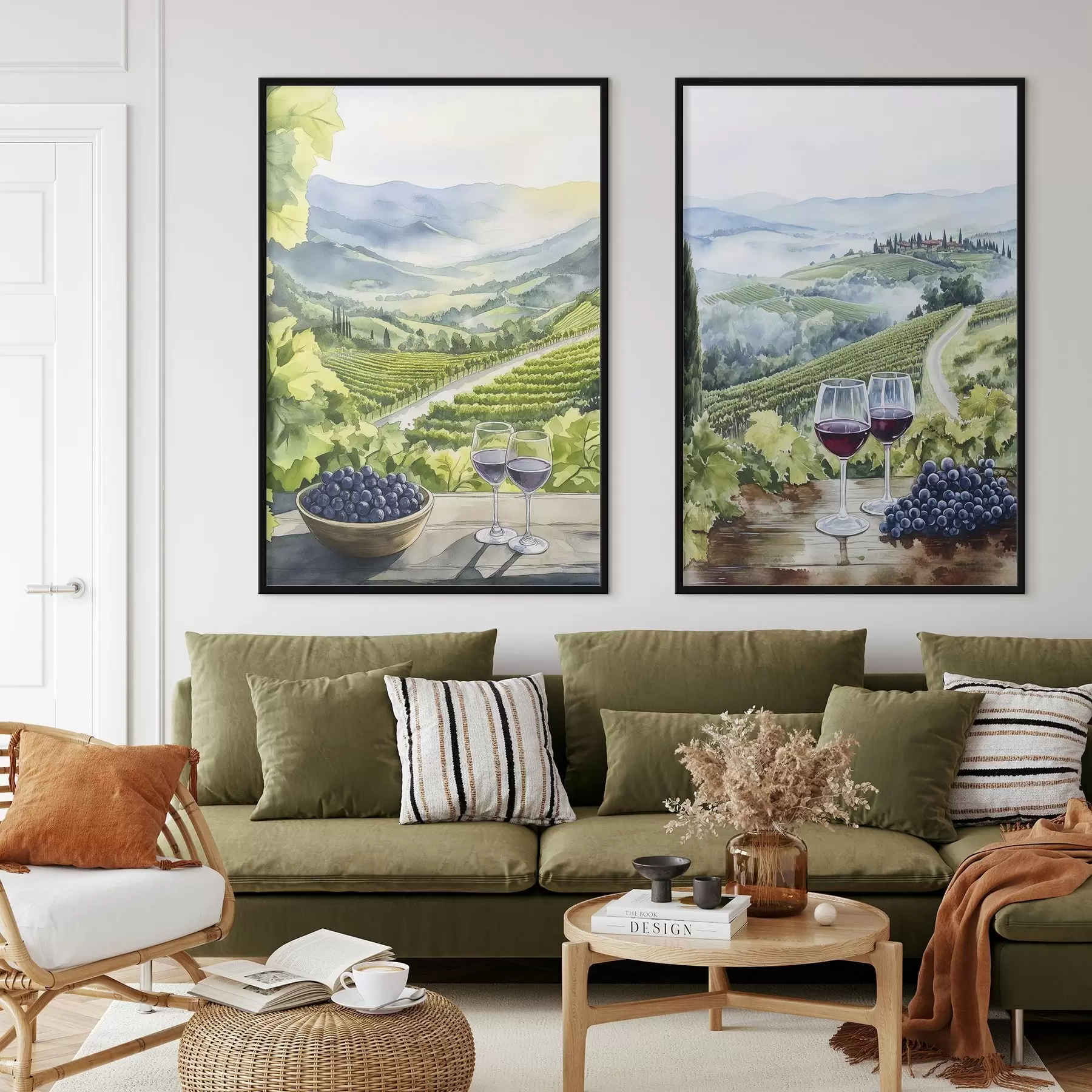 Fototapeedid Ilusad Toscana maastikud, viinamarjaistandused, veiniklaasid, akvarellistiil, Itaalia d00408