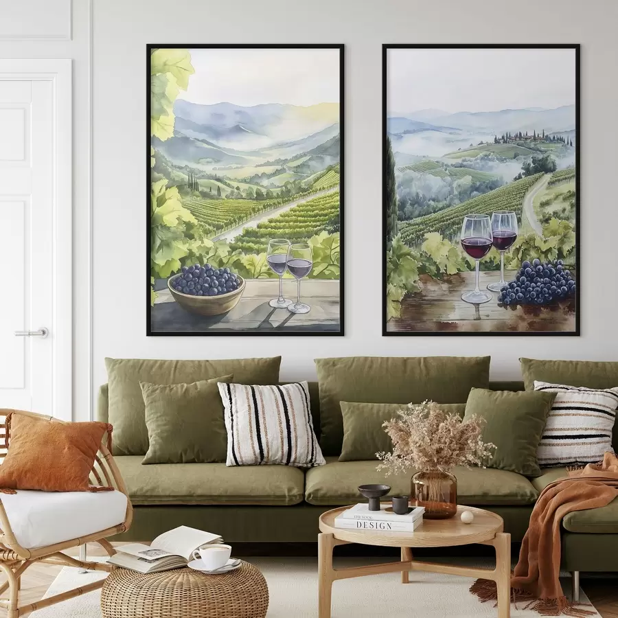 Fototapeedid Ilusad Toscana maastikud, viinamarjaistandused, veiniklaasid, akvarellistiil, Itaalia d00408