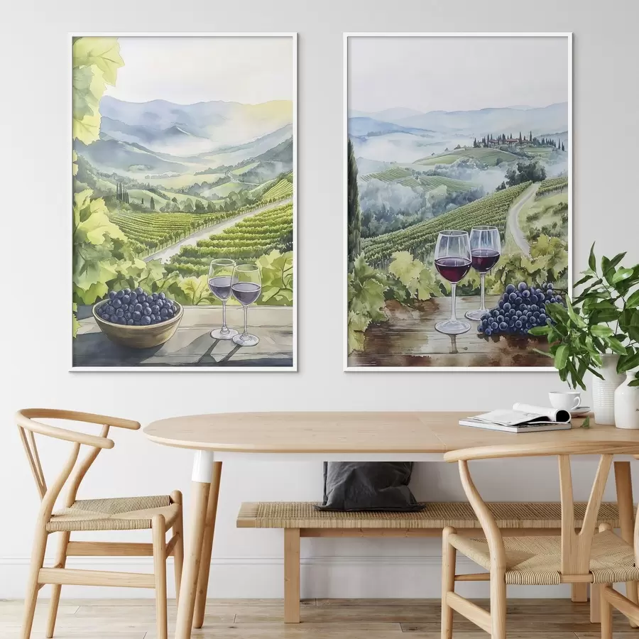 Fototapeedid Ilusad Toscana maastikud, viinamarjaistandused, veiniklaasid, akvarellistiil, Itaalia d00408