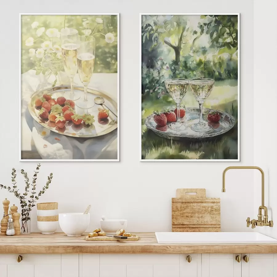 Fototapeedid Suvine piknik, šampanjaklaasid koos maasikatega kandikul, kummelililledega d00414