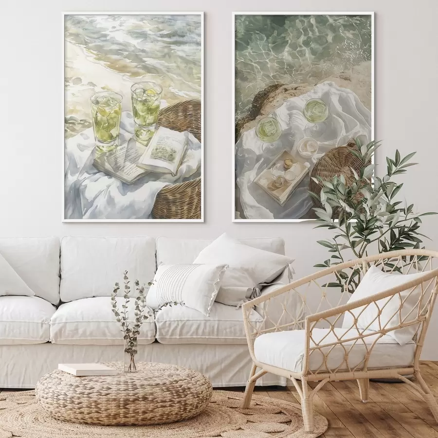 Fototapeedid Kokteilid rannas, akvarellistiilis joonistus, ookean, suvine piknik d00417