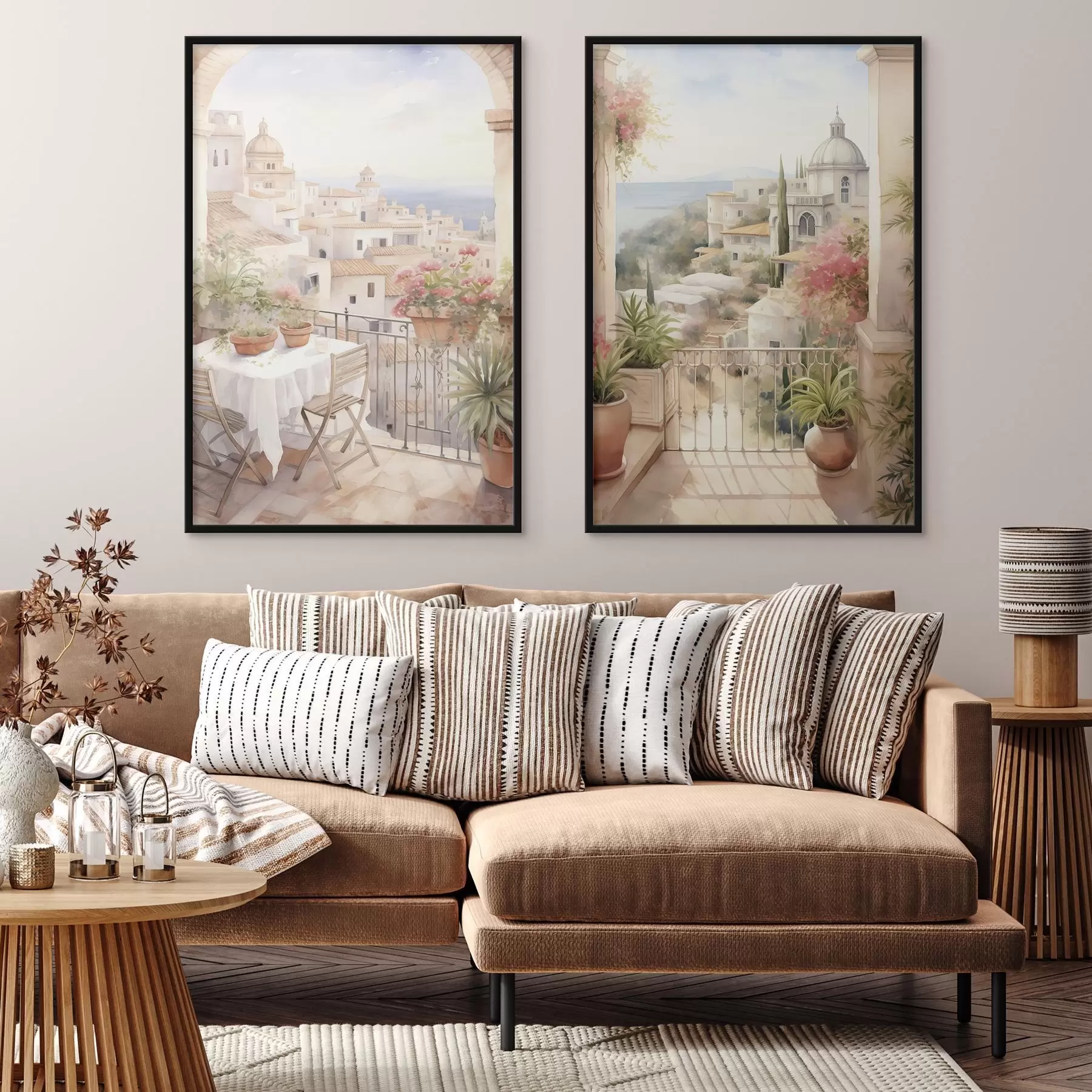 Fototapeedid Päikeseloojang rõdul, arhitektuur, õitsevad lilled, akvarellstiil, Vahemere-äärne stiil d00420