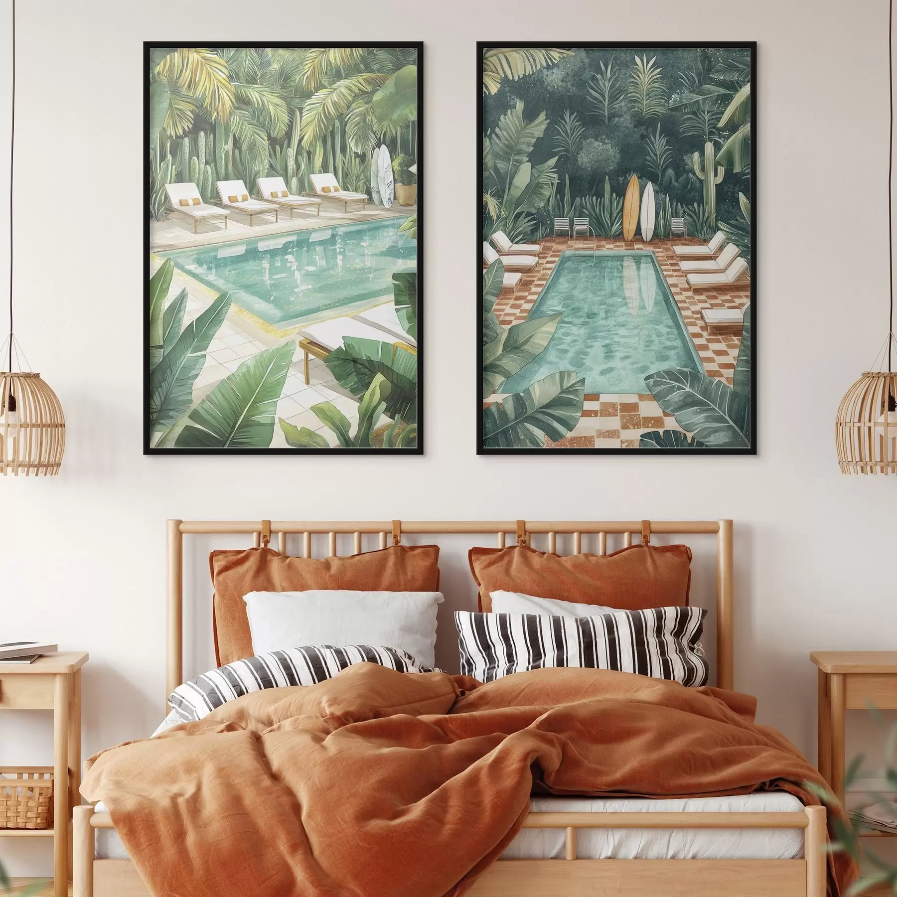 Fototapeedid Suvine bassein, vintage, troopiline mets, rohelus, palmipuud, akvarellstiil d00422