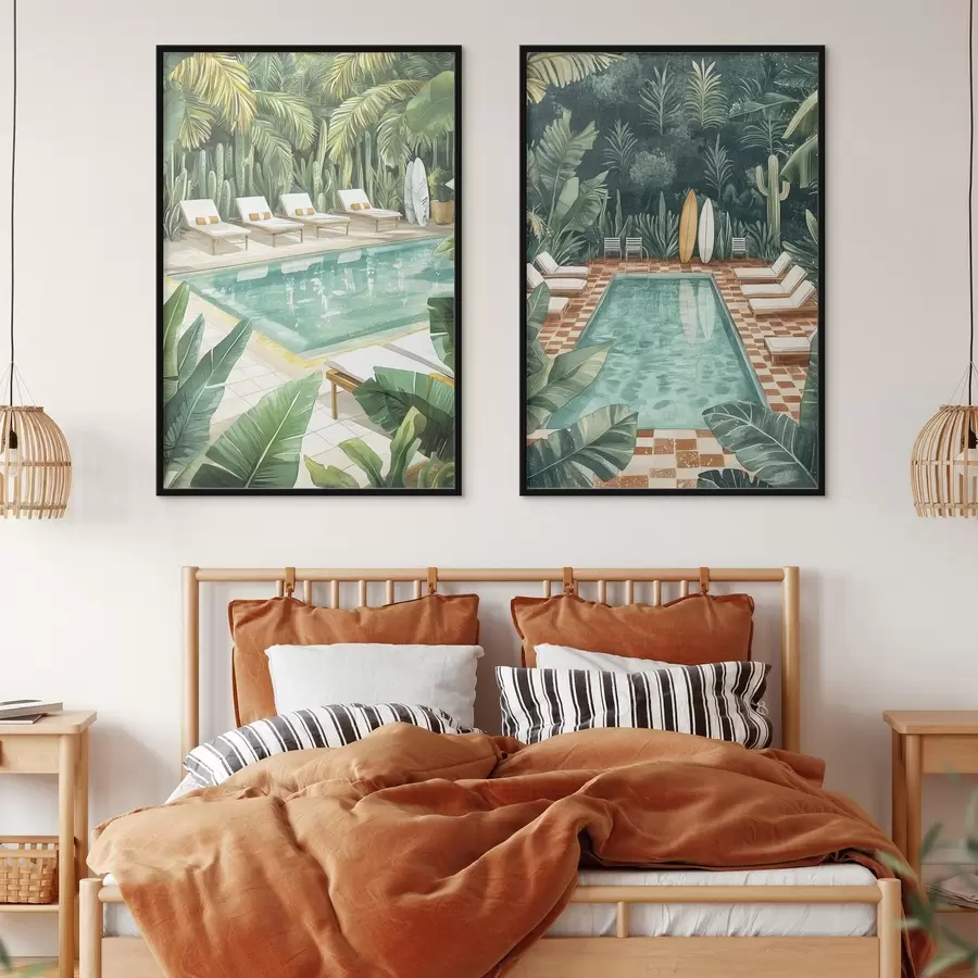 Fototapeedid Suvine bassein, vintage, troopiline mets, rohelus, palmipuud, akvarellstiil d00422