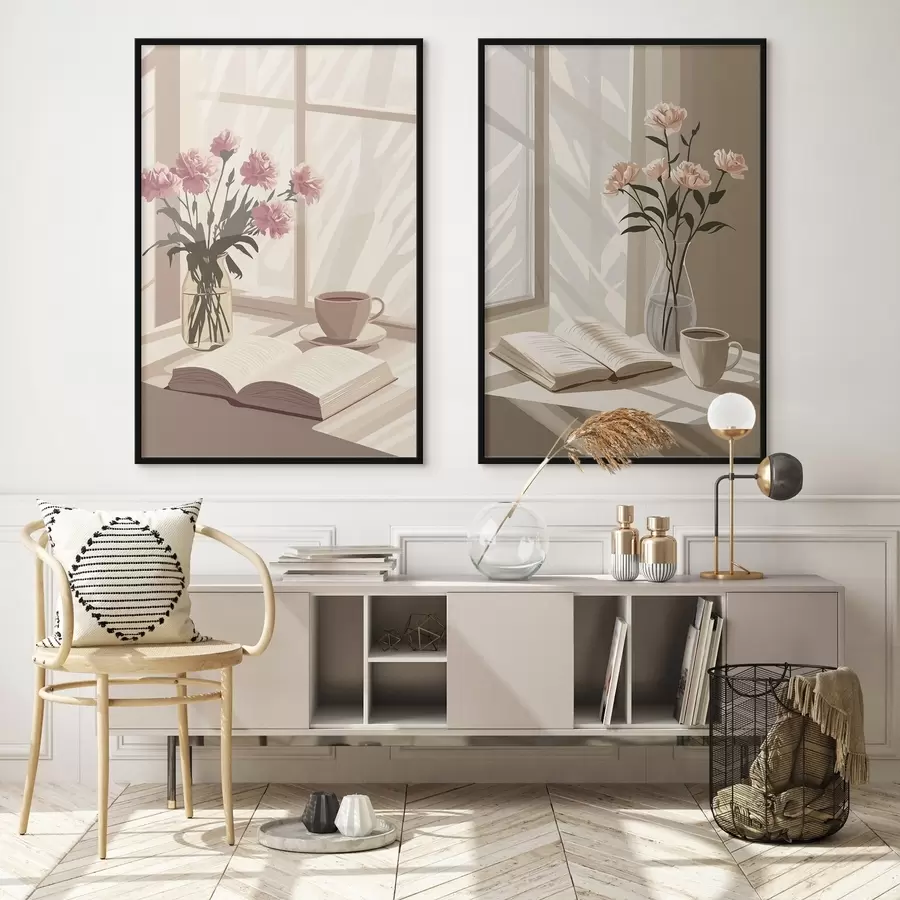 Fototapeedid Abstraktsioon, hommikune esteetika, tass kohvi, raamat, lilled d00448