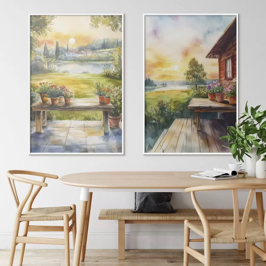 Fototapeedid Suveküla, päikeseloojang, maaliline, lilled, järv, akvarellstiil d00449