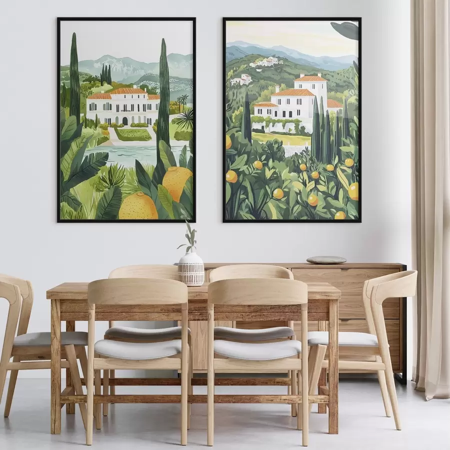 Fototapeedid Vahemeremaastikud puude ja majadega, mererannik, Hispaania d00450