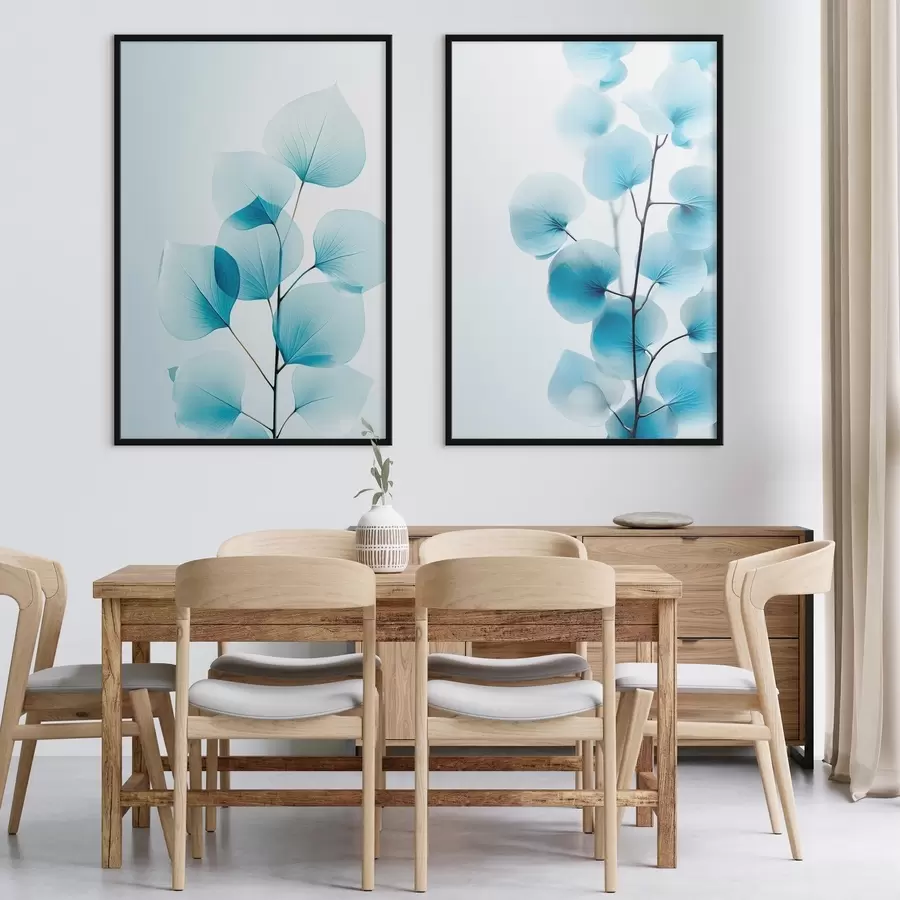 Fototapeedid Läbipaistvate siniste lehtedega oks, õrnad veenid nähtavad, kerge ja rahulik kompositsioon, minimalistlik esteetika d00522