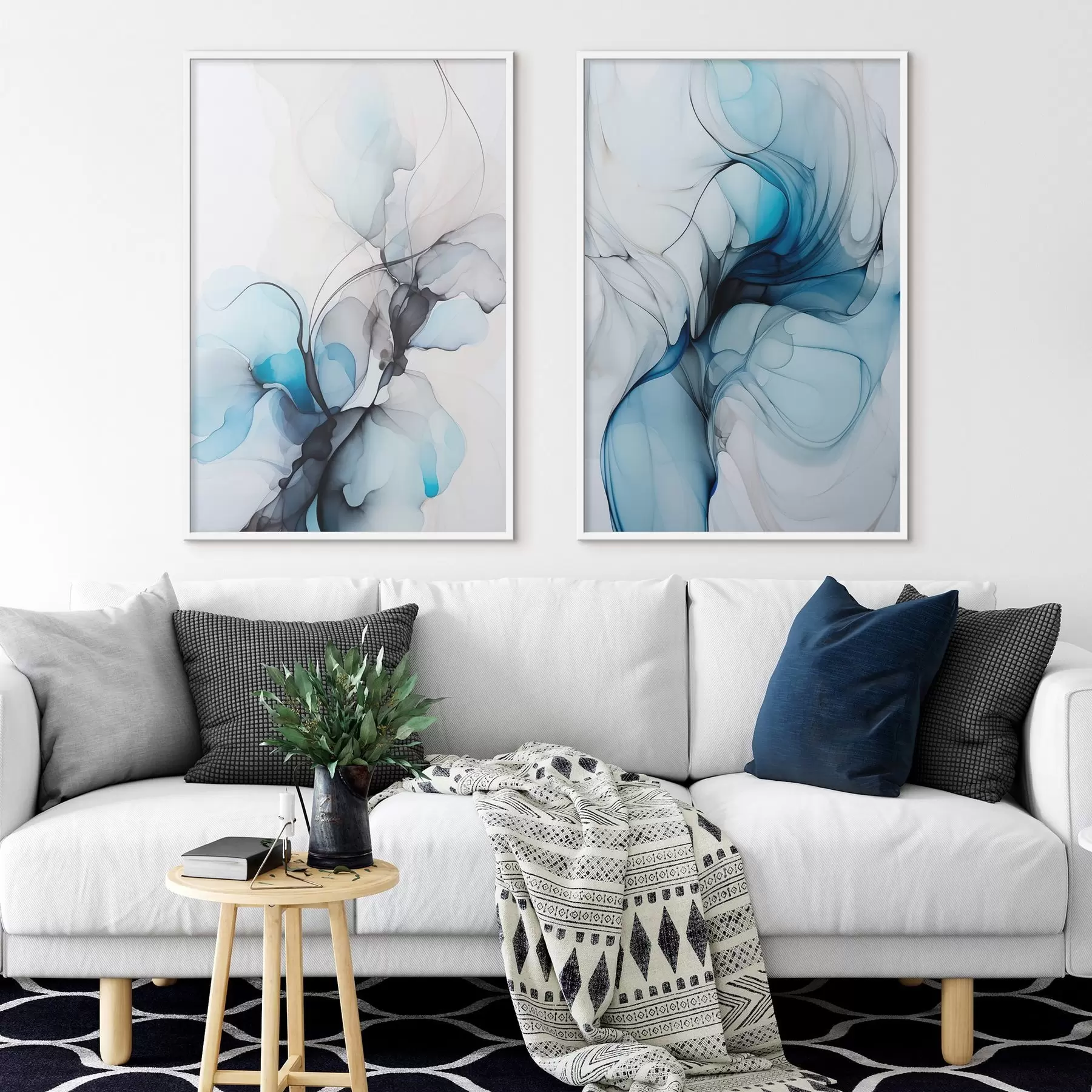 Fototapeedid Abstraktne kompositsioon voolavate joonte ja läbikumavate kroonlehtedega sinise valge ja beeži toonides, alkoholi tindi imitatsioon d00523